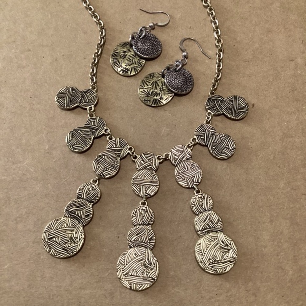 The Sak Gold Tone Black Weave Pattern Aztec Style Coin Drop Statement Necklace - Picture 2 of 10